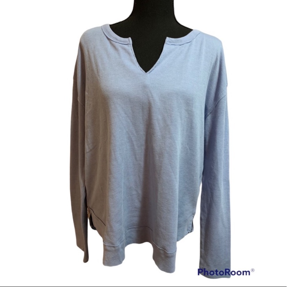 NWT LUCKY BRAND Split Neck Waffle Knit Long Sleeve Light Blue Top